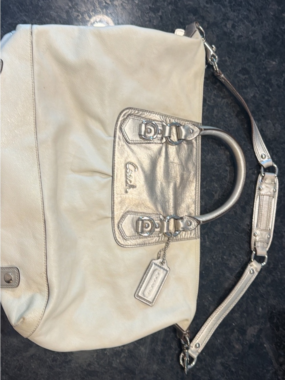 Coach Two-Tone Leather Shoulder Bag in Metallic Silver and Cream